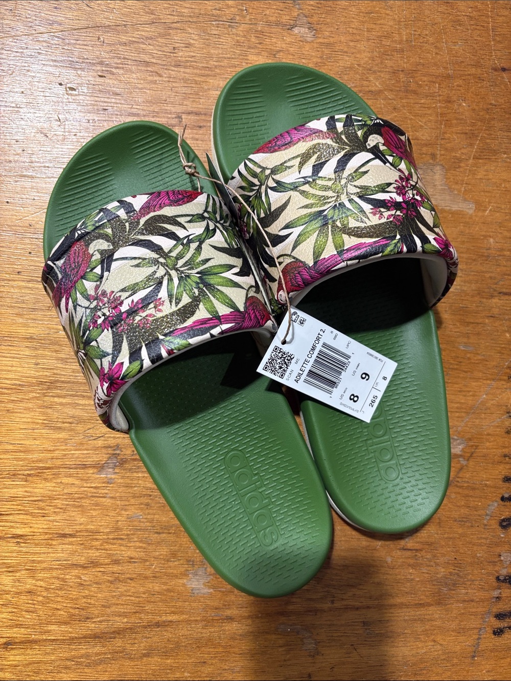 adidas Green Slides with Tropical Floral Strap